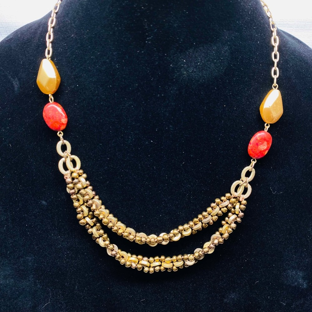 Gold Tone Red Beaded Necklace Womens Multi-Strand‎ Adjustable Length Statement